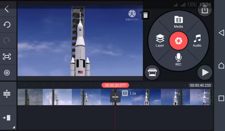 Interface of Kinemaster shows buttons for recording, layering, audio, and media